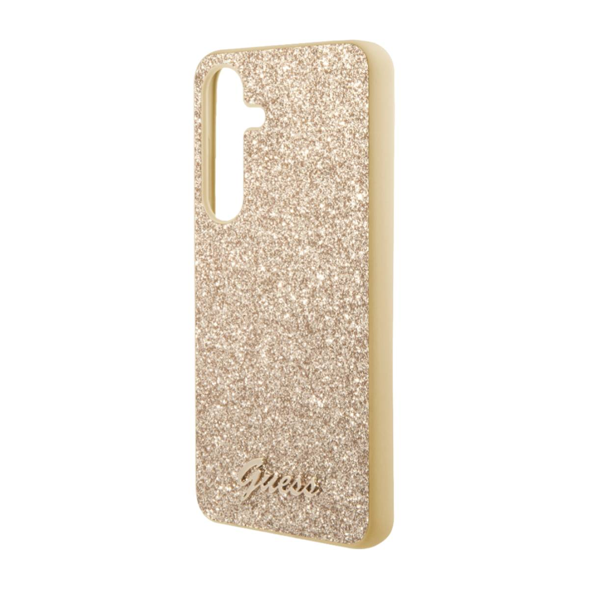 Custodia per telefono con glitter oro. Logo Guess in basso.