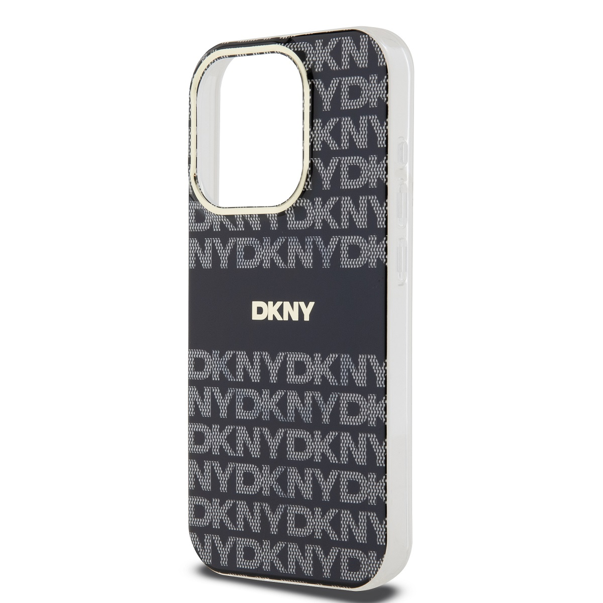 Custodia per telefono nera con motivo logo DKNY bianco. Mostra il lato e il retro della custodia.