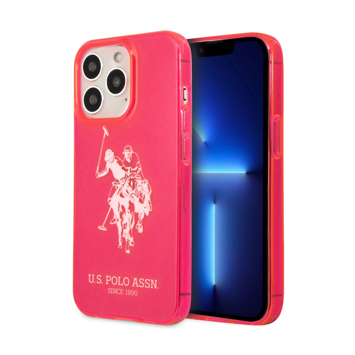 Una custodia per telefono rosa con un logo bianco di un giocatore di polo. La custodia è su un telefono.