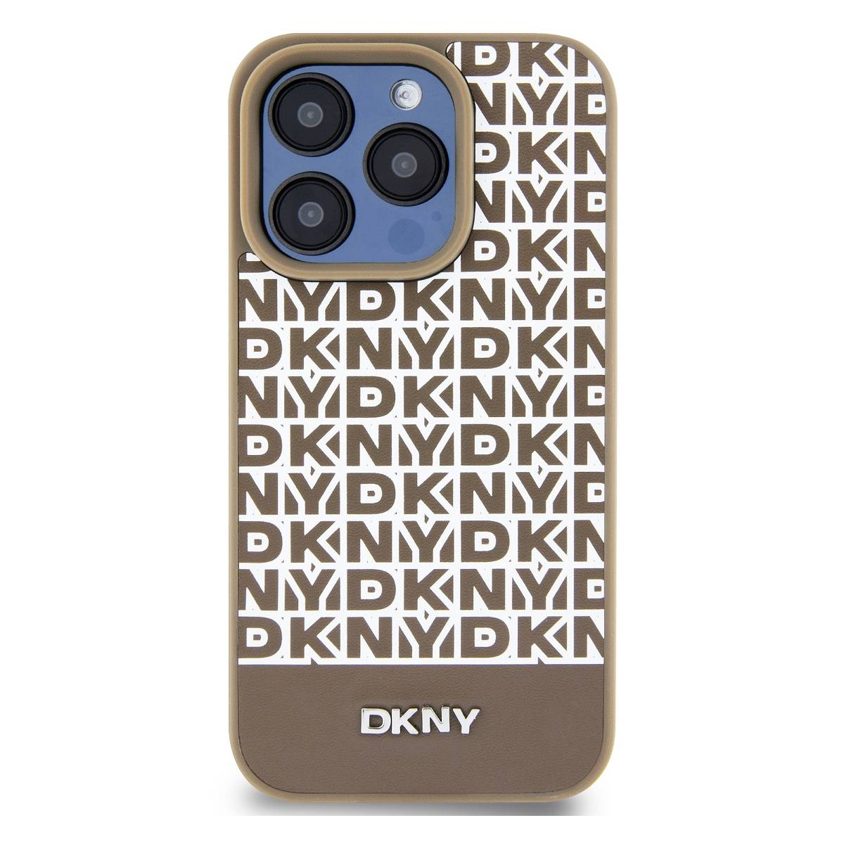 Custodia per telefono DKNY bianca e marrone con lettere DKNY ripetute.