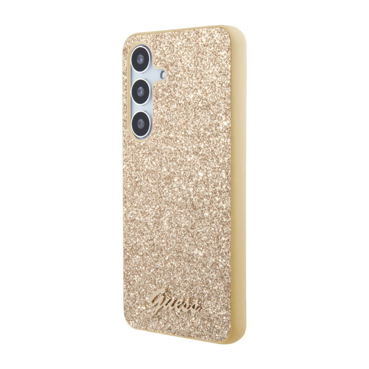 Custodia dorata per telefono con glitter. La custodia ha un logo Guess dorato.