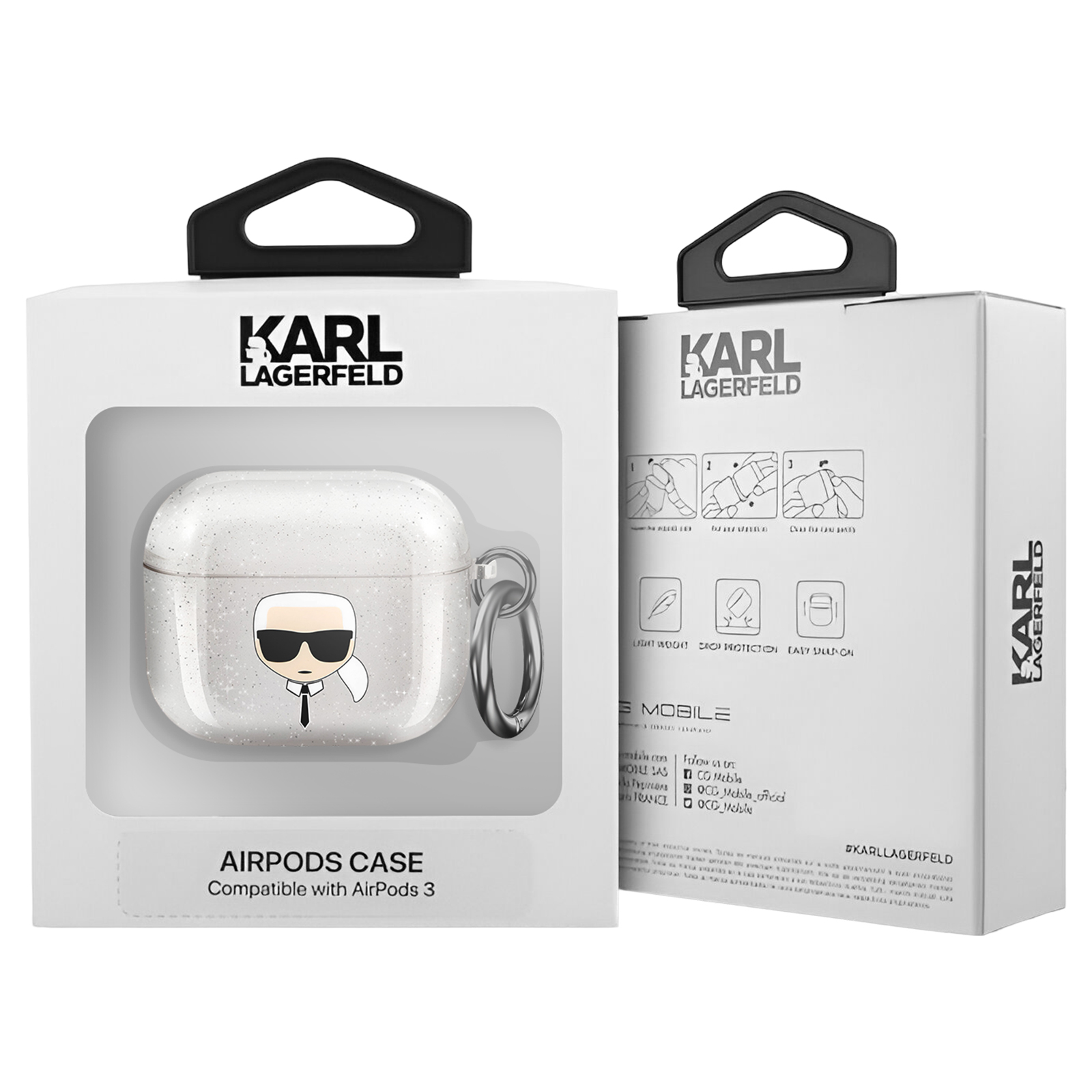 Due scatole bianche. Una scatola ha una custodia per AirPods con l'immagine di una persona con occhiali da sole. L'altra scatola ha del testo.
