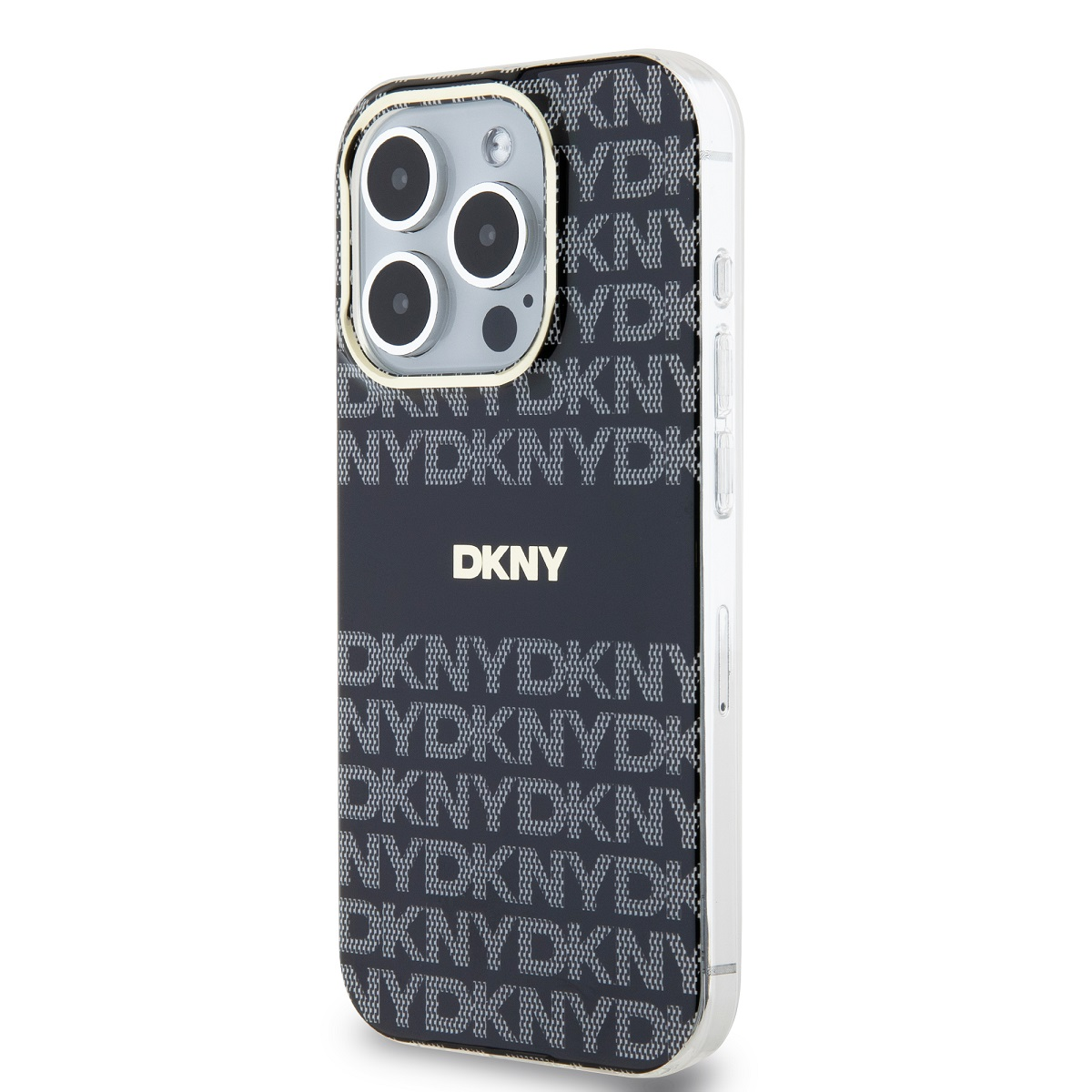 Custodia per telefono con logo e stampa DKNY. La custodia è in bianco e nero con un motivo. Il logo è al centro.