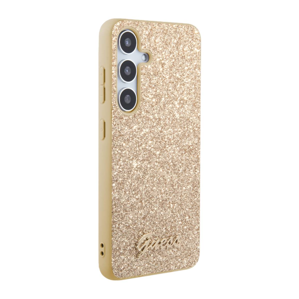 Una custodia dorata con glitter e logo Guess. La custodia è dorata e ha una consistenza glitterata.