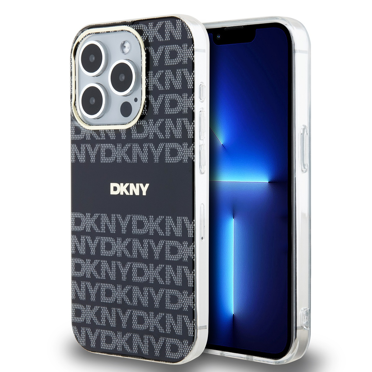 iPhone in una custodia DKNY. La custodia è nera con lettere DKNY bianche.