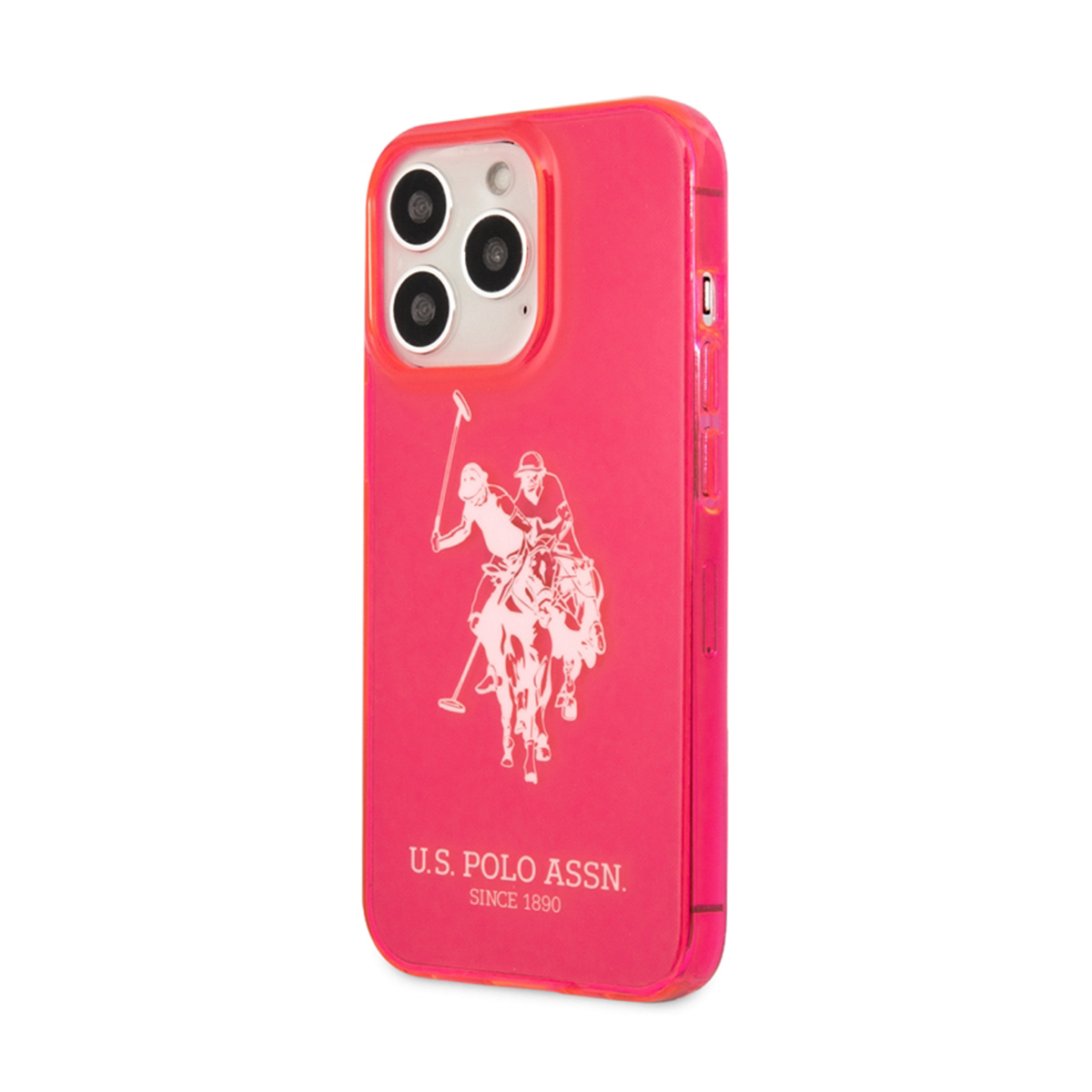 Custodia rosa con logo U.S. Polo Assn. Raffigura un cavaliere a cavallo.