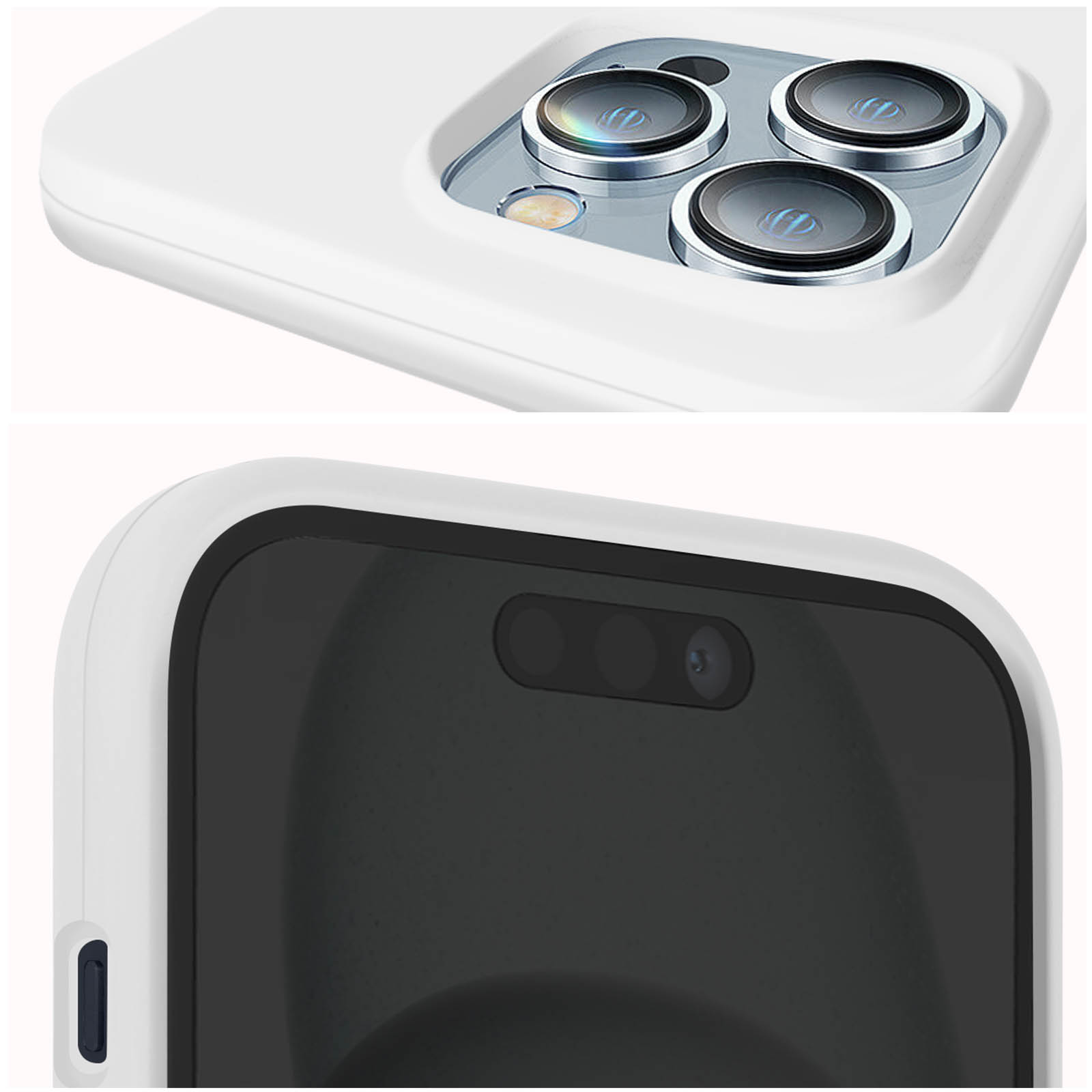 Primo piano di una custodia bianca per telefono con lenti della fotocamera e schermo nero.