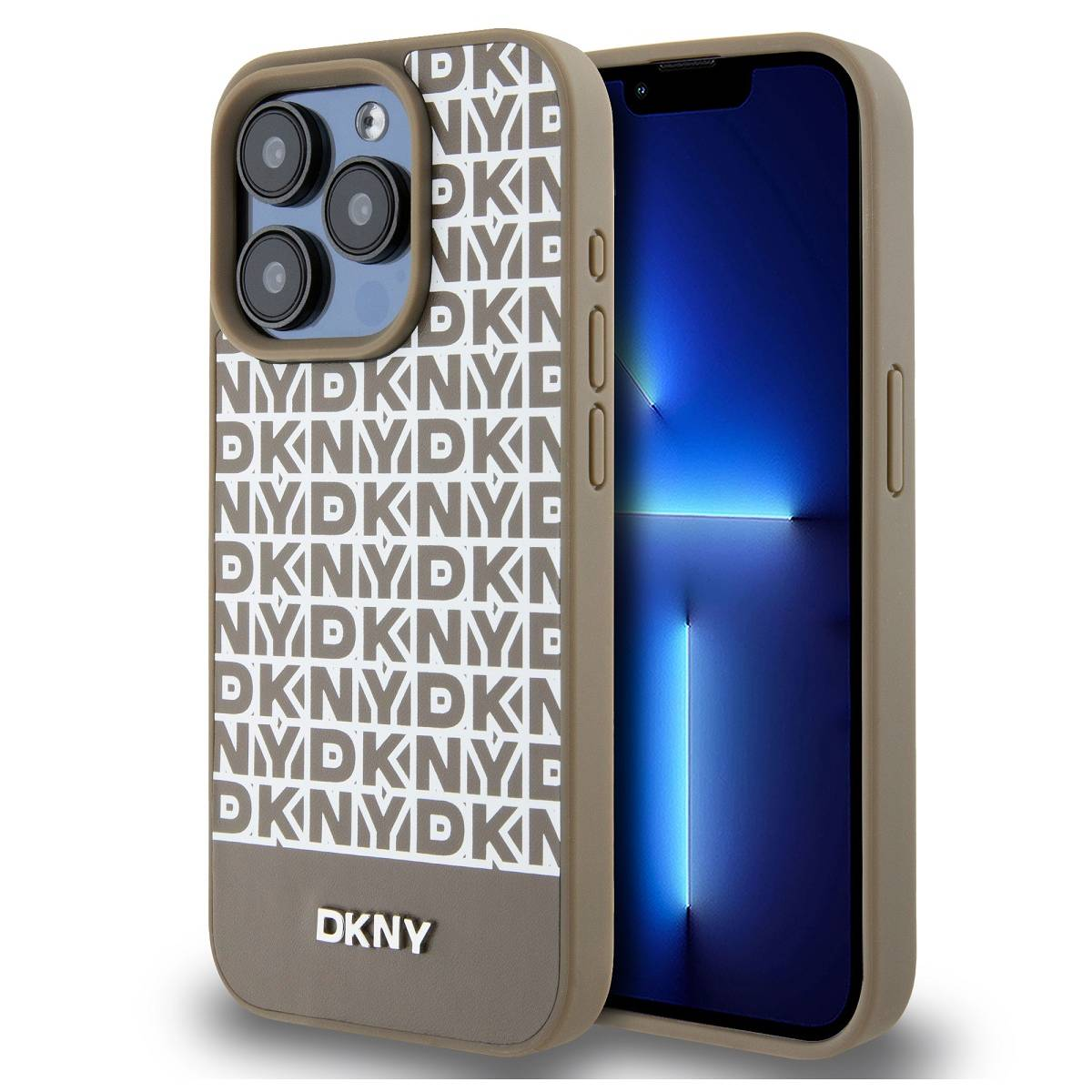 Custodia con motivo logo DKNY, un telefono all'interno e sfondo bianco.
