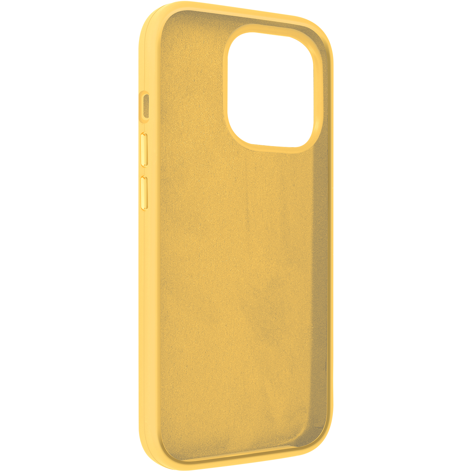 Custodia per telefono gialla. Ha un ritaglio per la fotocamera e pulsanti laterali.