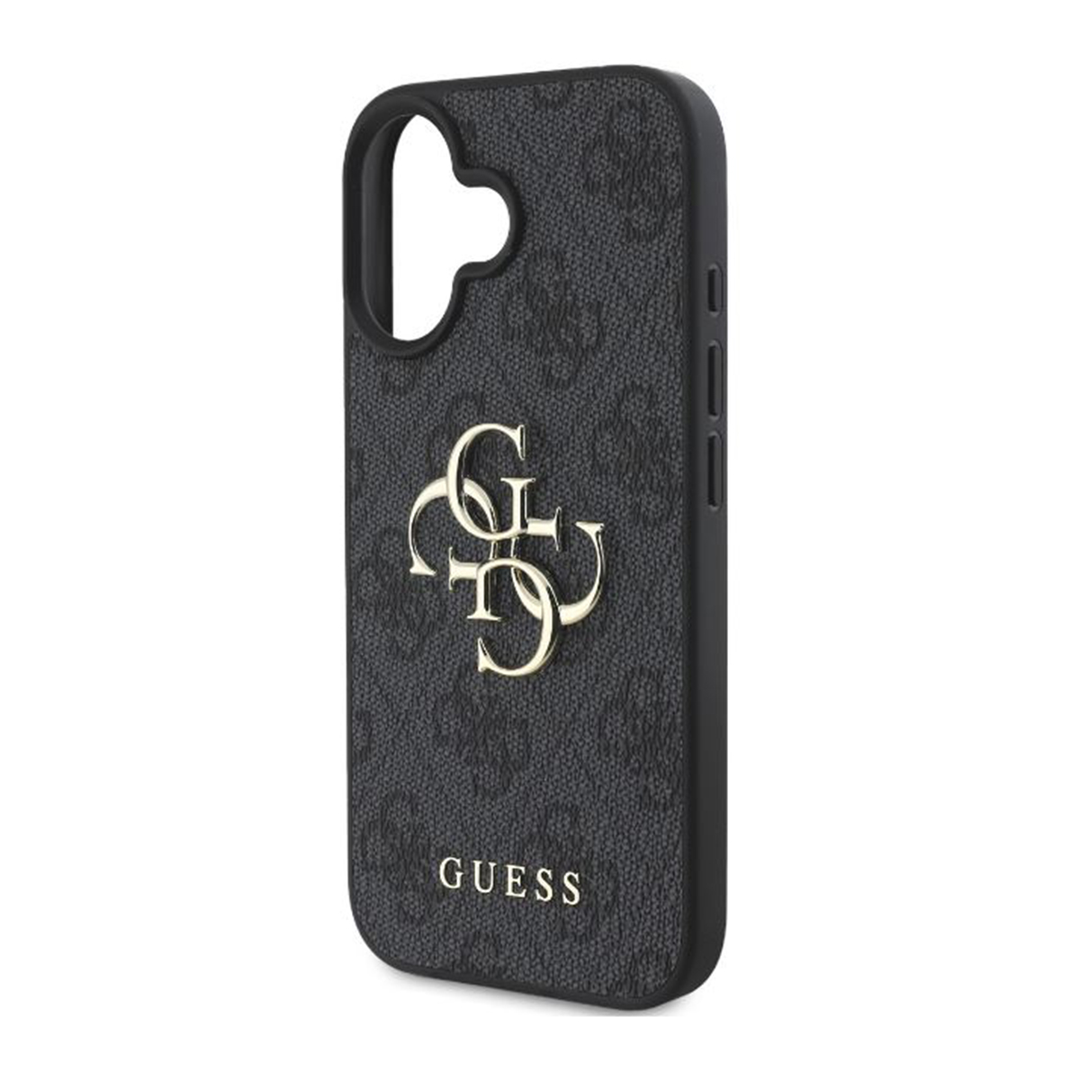 Eine Guess-Handyhülle in Schwarz. Die Handyhülle hat ein sich wiederholendes Logomuster und ein goldenes Guess-Logo.