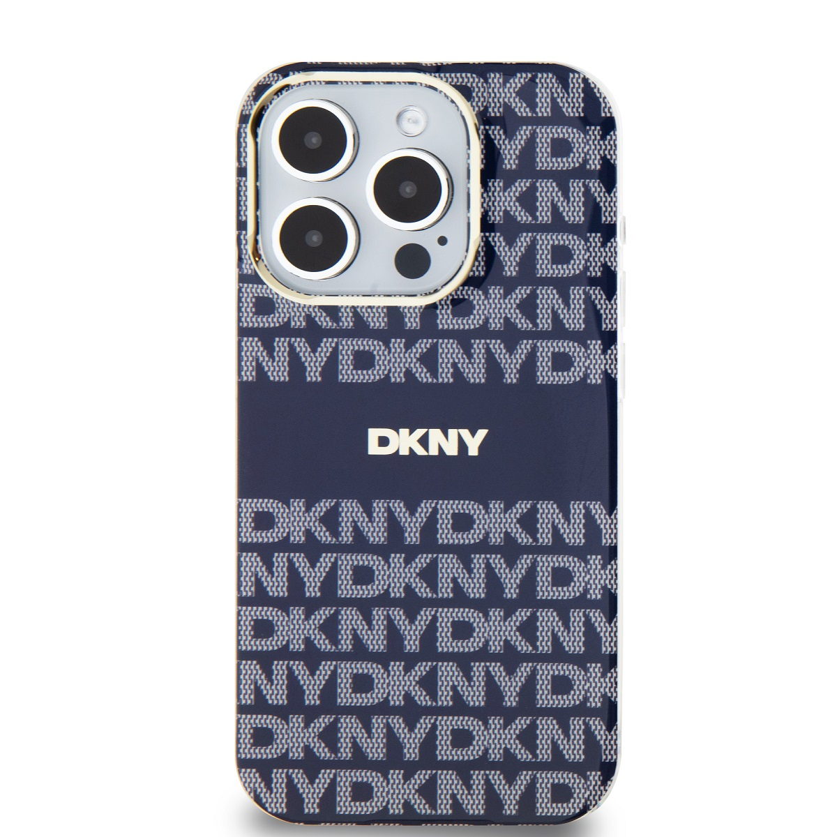 Custodia DKNY blu scuro con logo DKNY bianco.