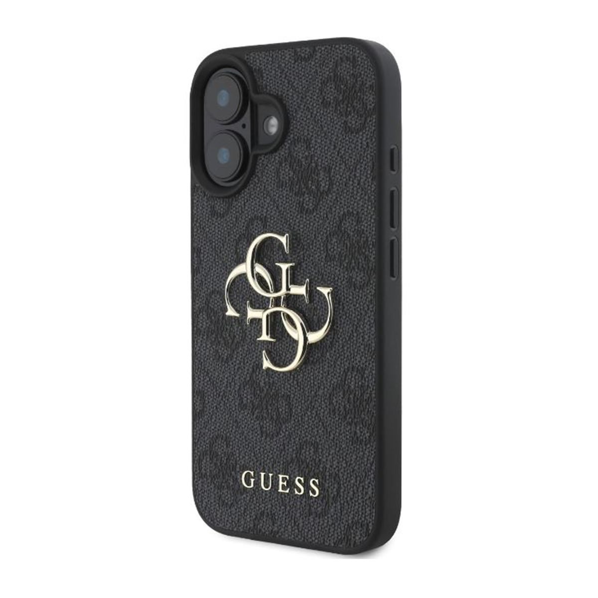 Schwarze Guess-Handyhülle mit Logo, mit sich wiederholendem Muster. Goldenes Guess-Logo.
