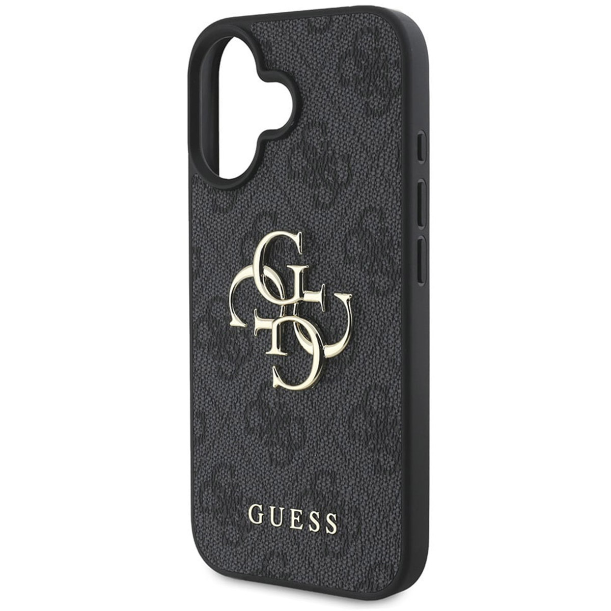 Schwarze Handyhülle mit Guess-Logo. Goldenes Emblem und Muster. Weißer Hintergrund.