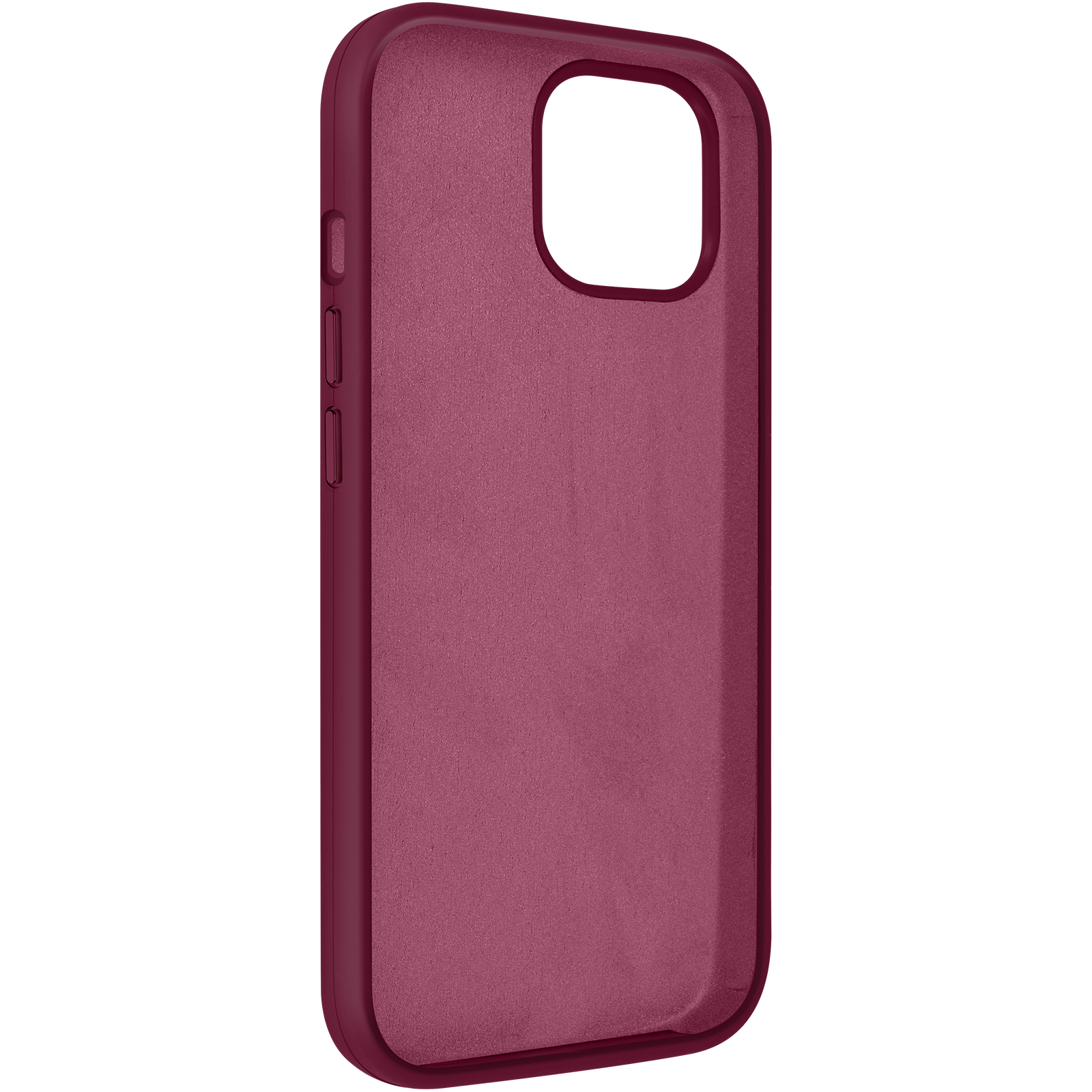 Una custodia per telefono rosso scuro con un ritaglio per la fotocamera. Anche l'interno è rosso scuro.