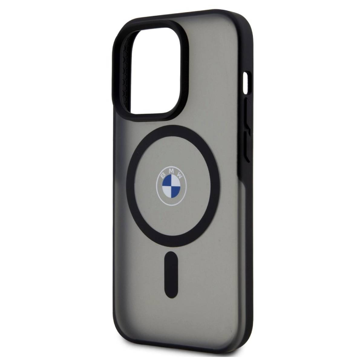 Custodia per telefono nera e grigia con logo BMW e anello magnetico.
