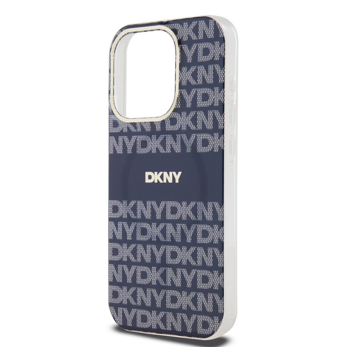 Custodia blu scuro per telefono con motivo logo DKNY. Cornice bianca. Sfondo bianco.