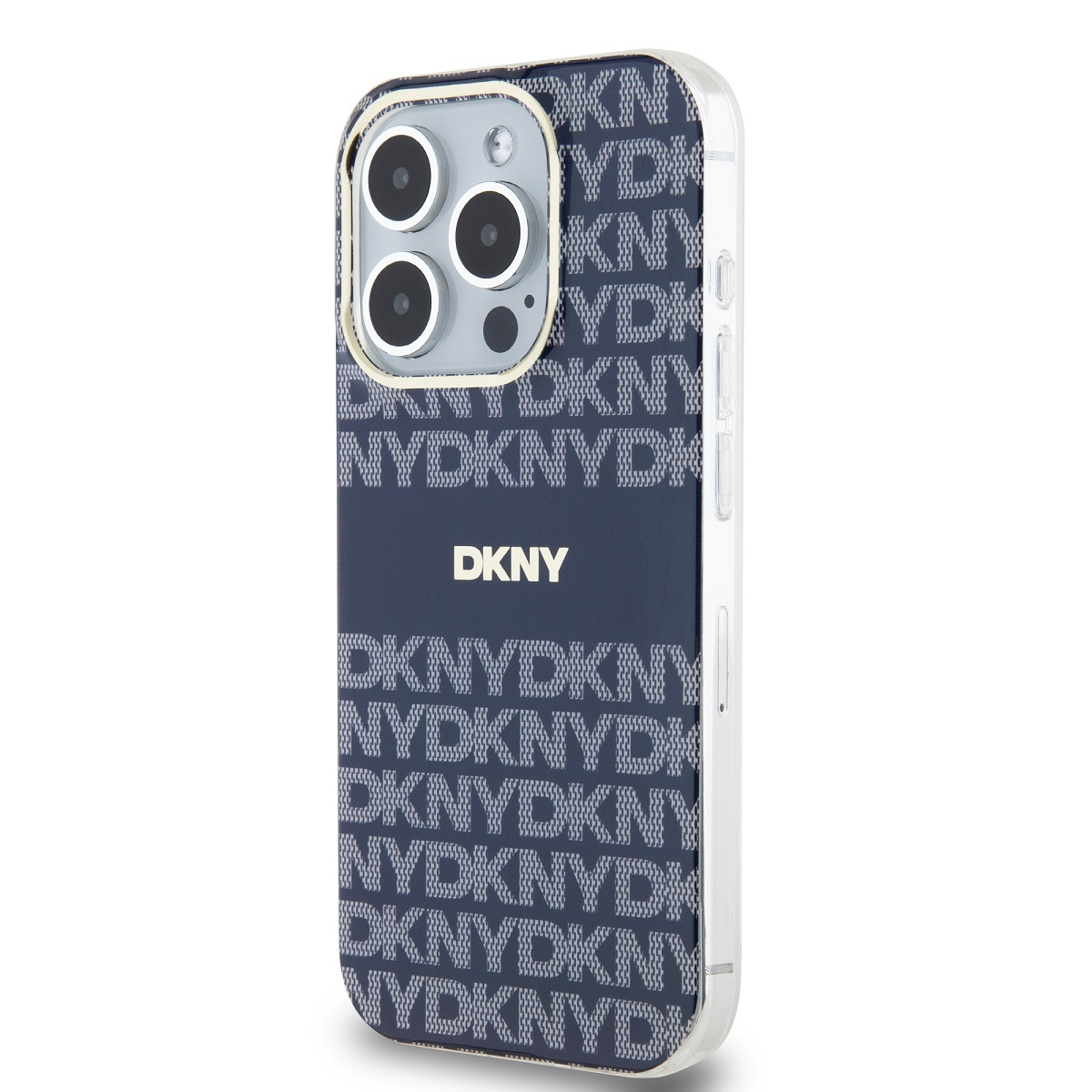 Custodia per telefono DKNY blu scuro con logo bianco e motivo a testo.