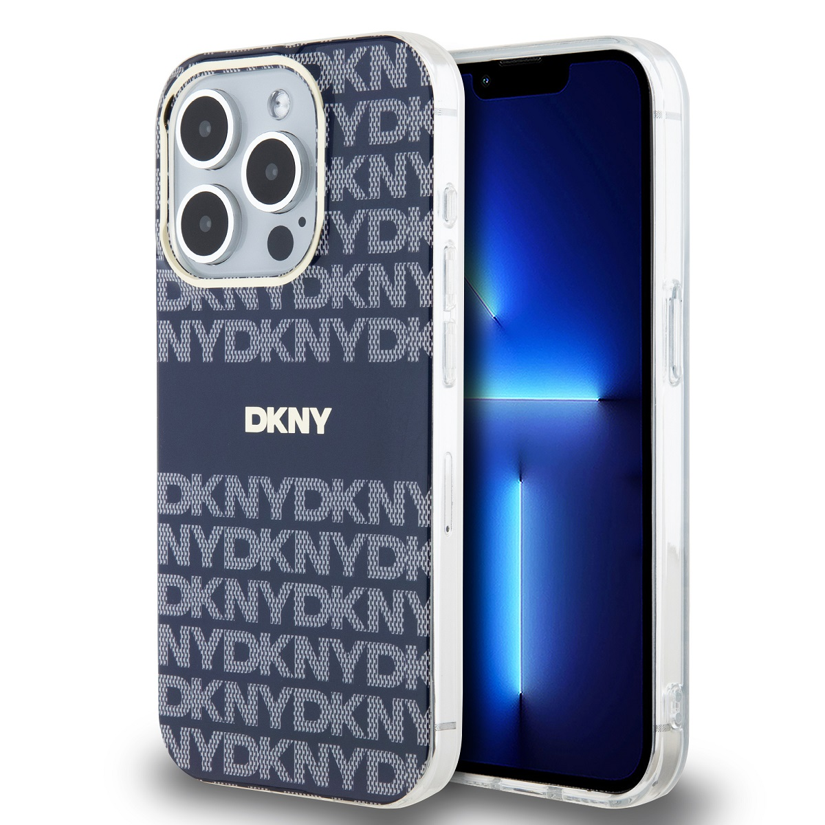 Una custodia per telefono con loghi DKNY blu. Il telefono è dentro. Lo sfondo è bianco.