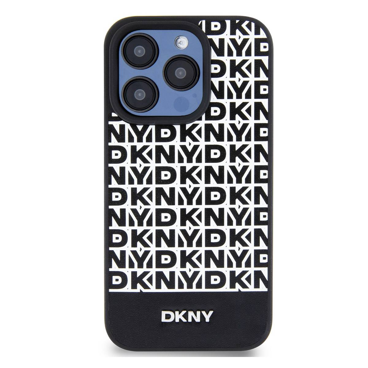 Custodia nera per telefono con motivo logo DKNY. Sfondo bianco.