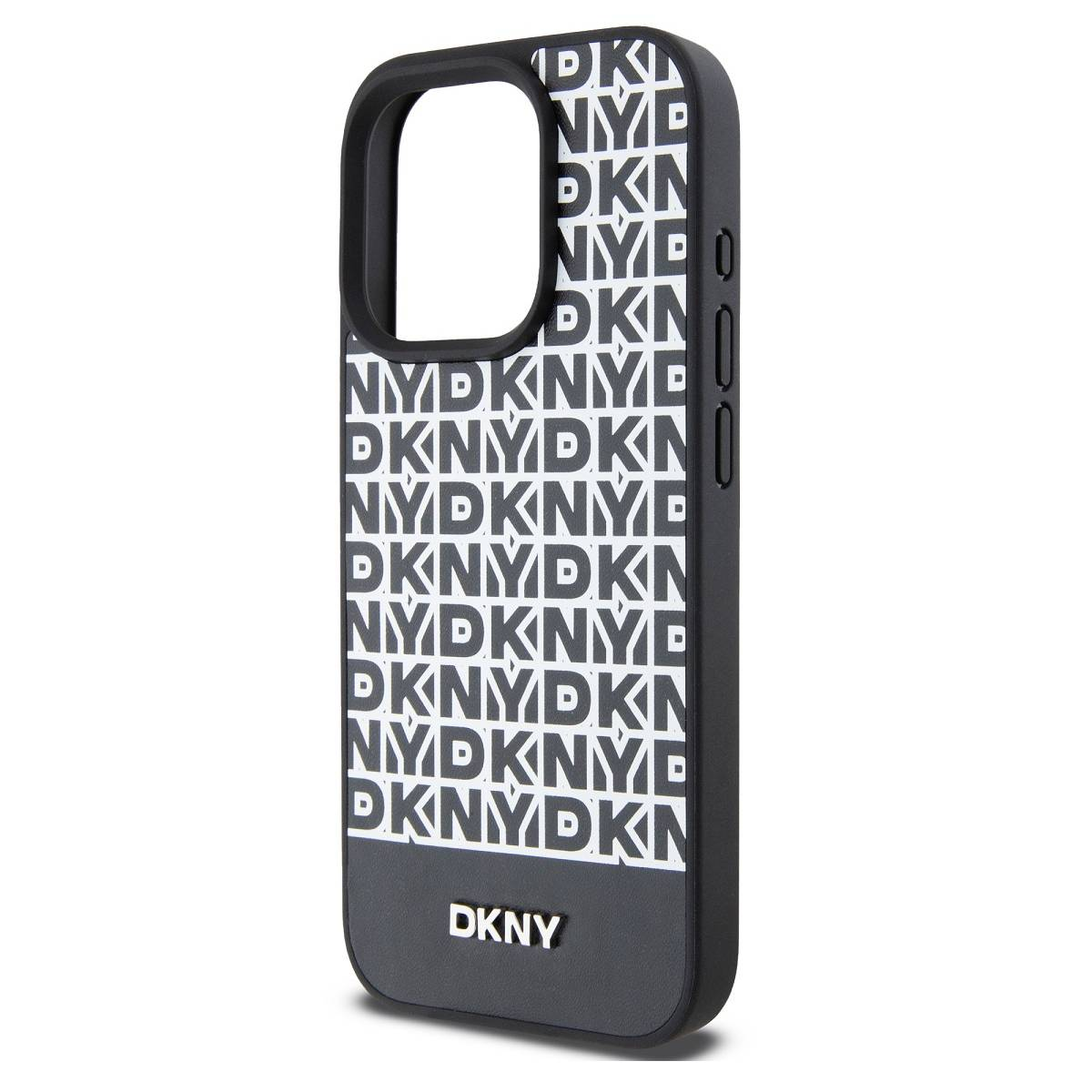 Custodia nera per telefono con logo DKNY bianco. La custodia ha un motivo bianco e nero.