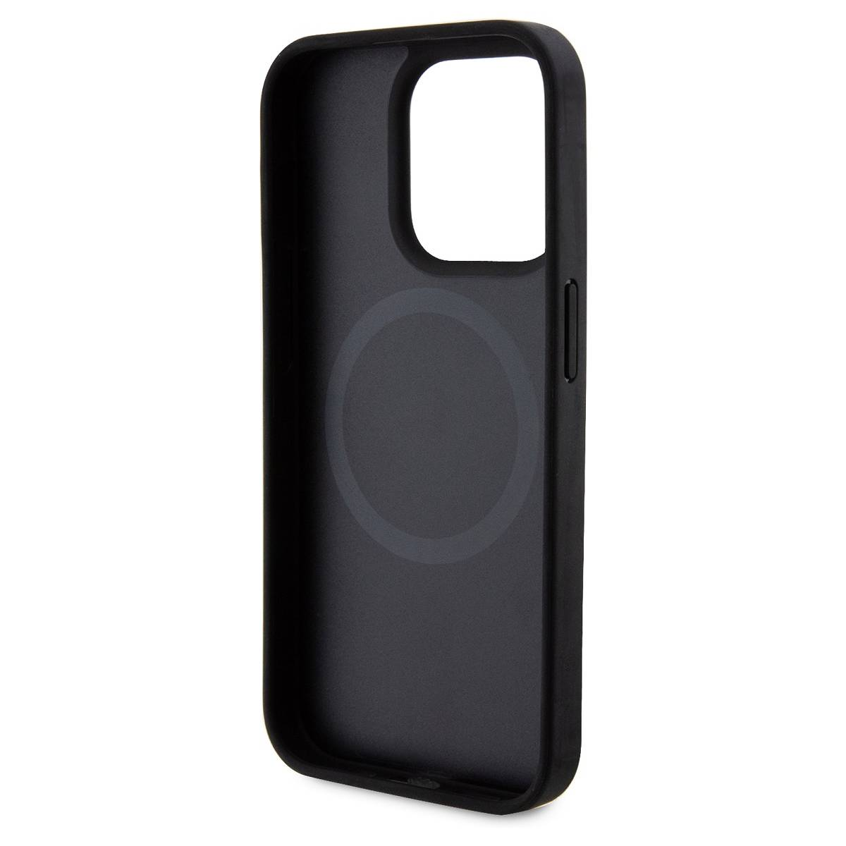 Una custodia nera per un iPhone, con un cerchio magnetico visibile all'interno.