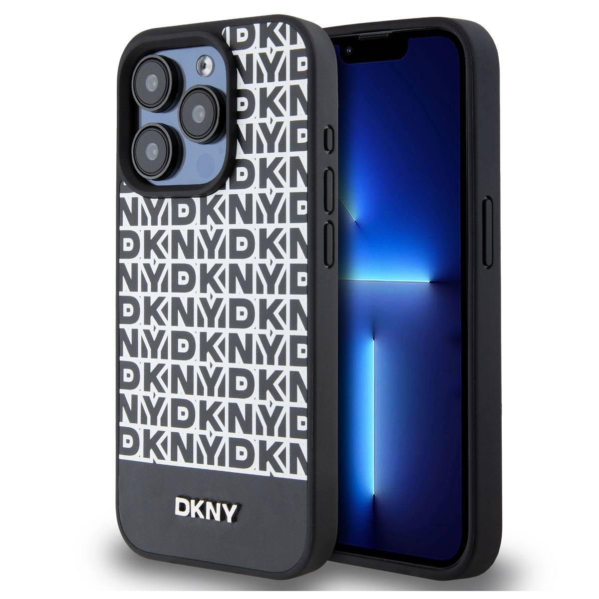 Custodia per iPhone con motivo logo DKNY. Il telefono è sul lato destro. Bianco e nero.
