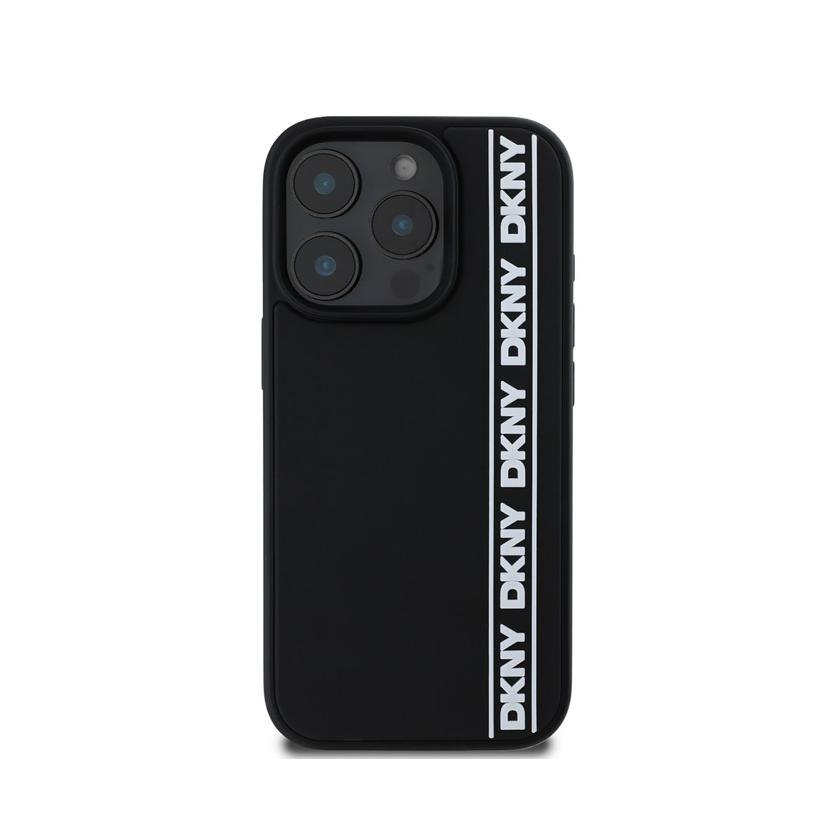 Custodia nera per telefono con marchio DKNY bianco. Sfondo bianco.