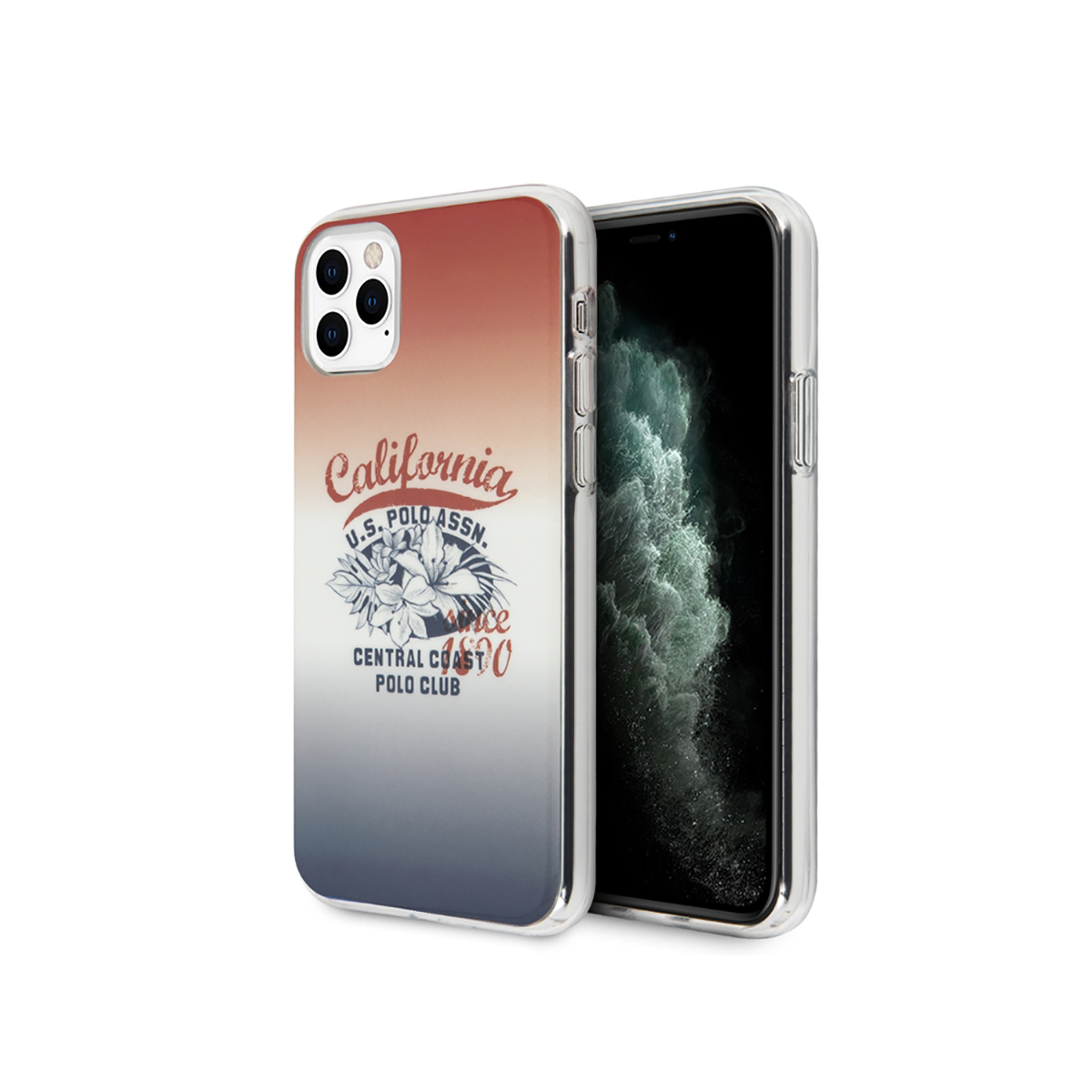 Custodia per telefono con logo California. Sfondo sfumato e custodia trasparente. Schermo visibile.