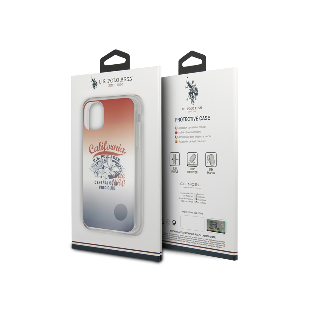 Scatola della custodia del telefono con un design California e logo U.S. Polo Assn. Gradiente bianco e arancione.