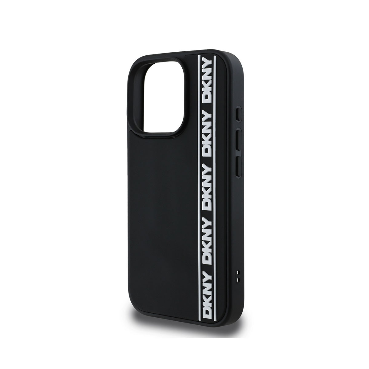 Custodia nera per telefono con testo "DKNY" bianco stampato verticalmente sul lato.