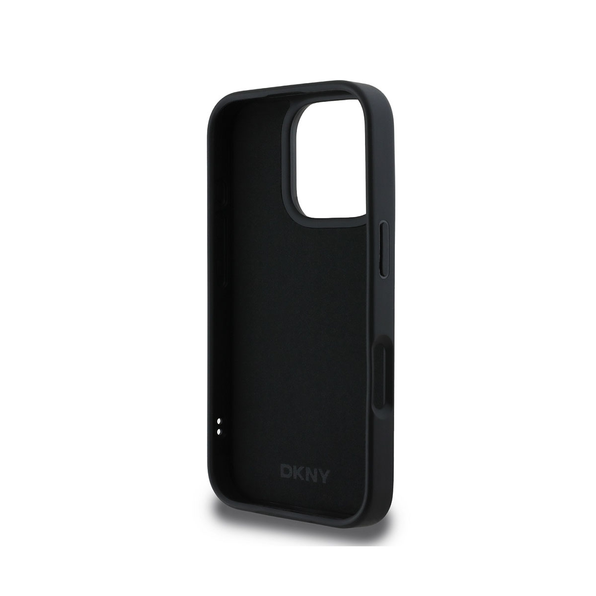 Una custodia per telefono nera con il marchio DKNY. La custodia è opaca e ha un foro per la fotocamera.