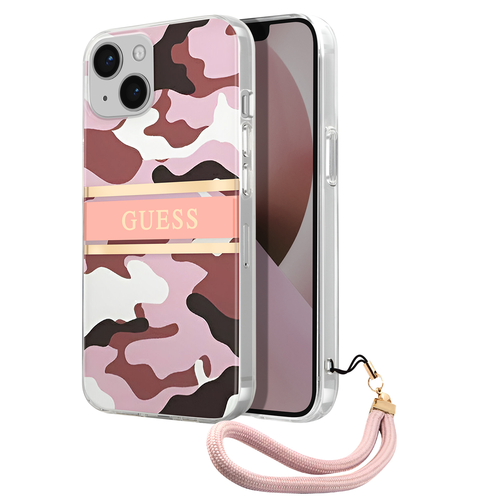 Custodia mimetica rosa e marrone con telefono e cordino rosa. Sfondo bianco.