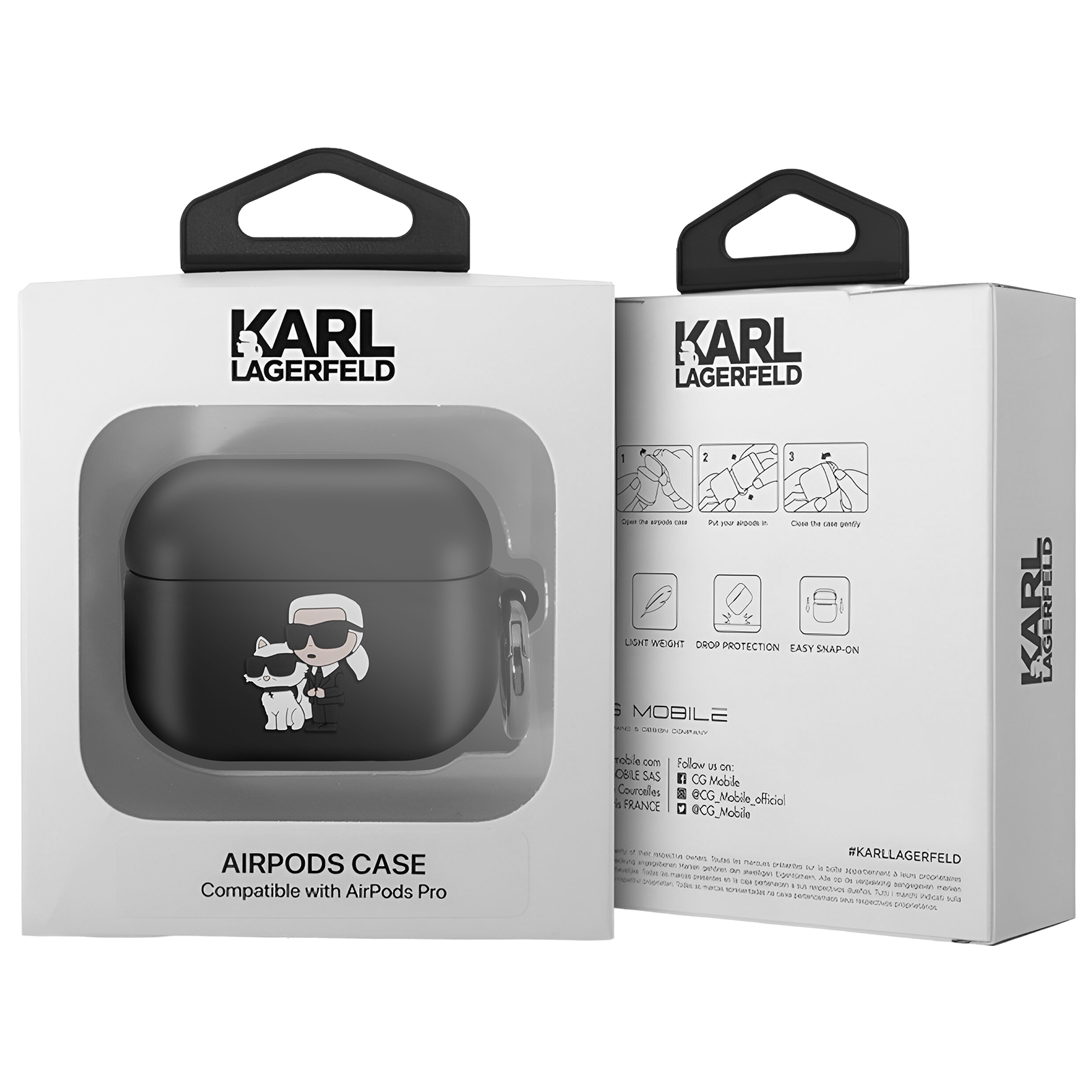 Una funda negra para AirPods con diseño de Karl Lagerfeld y una caja blanca que muestra la funda y sus características.