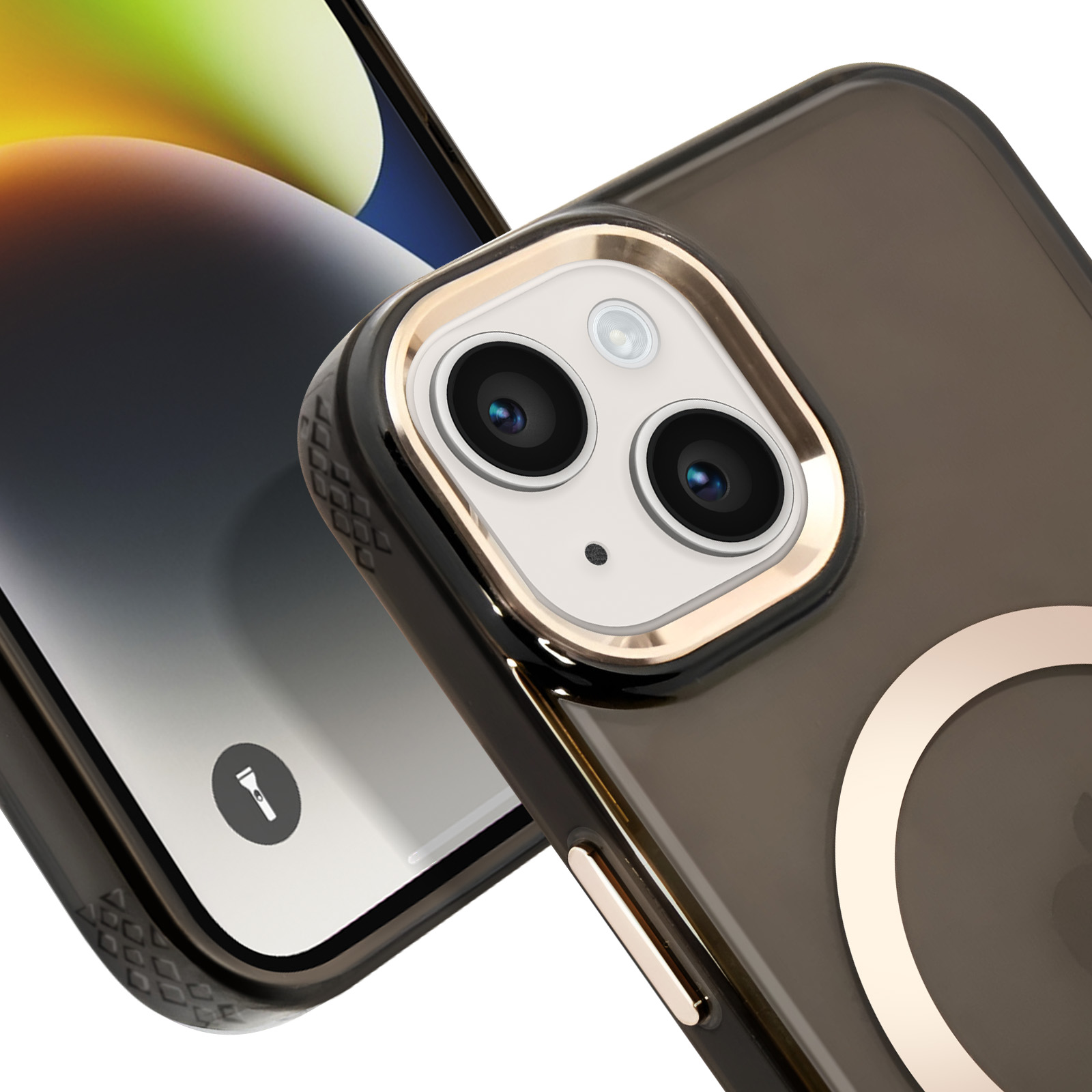 Primo piano di un telefono con custodia trasparente. Anello dorato attorno alla fotocamera, custodia e schermo neri.