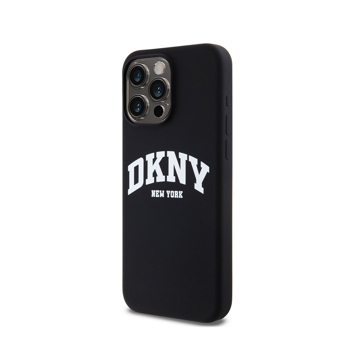 Custodia per telefono DKNY nera con logo DKNY New York bianco.