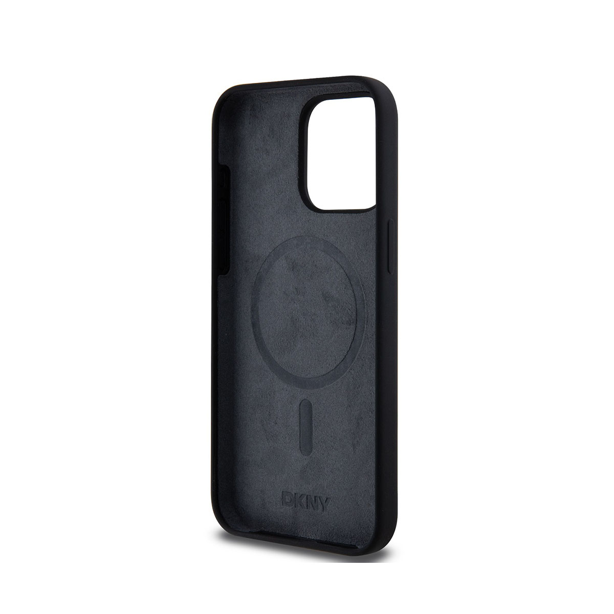 Custodia per telefono DKNY nera. Mostra il retro con un anello magnetico.