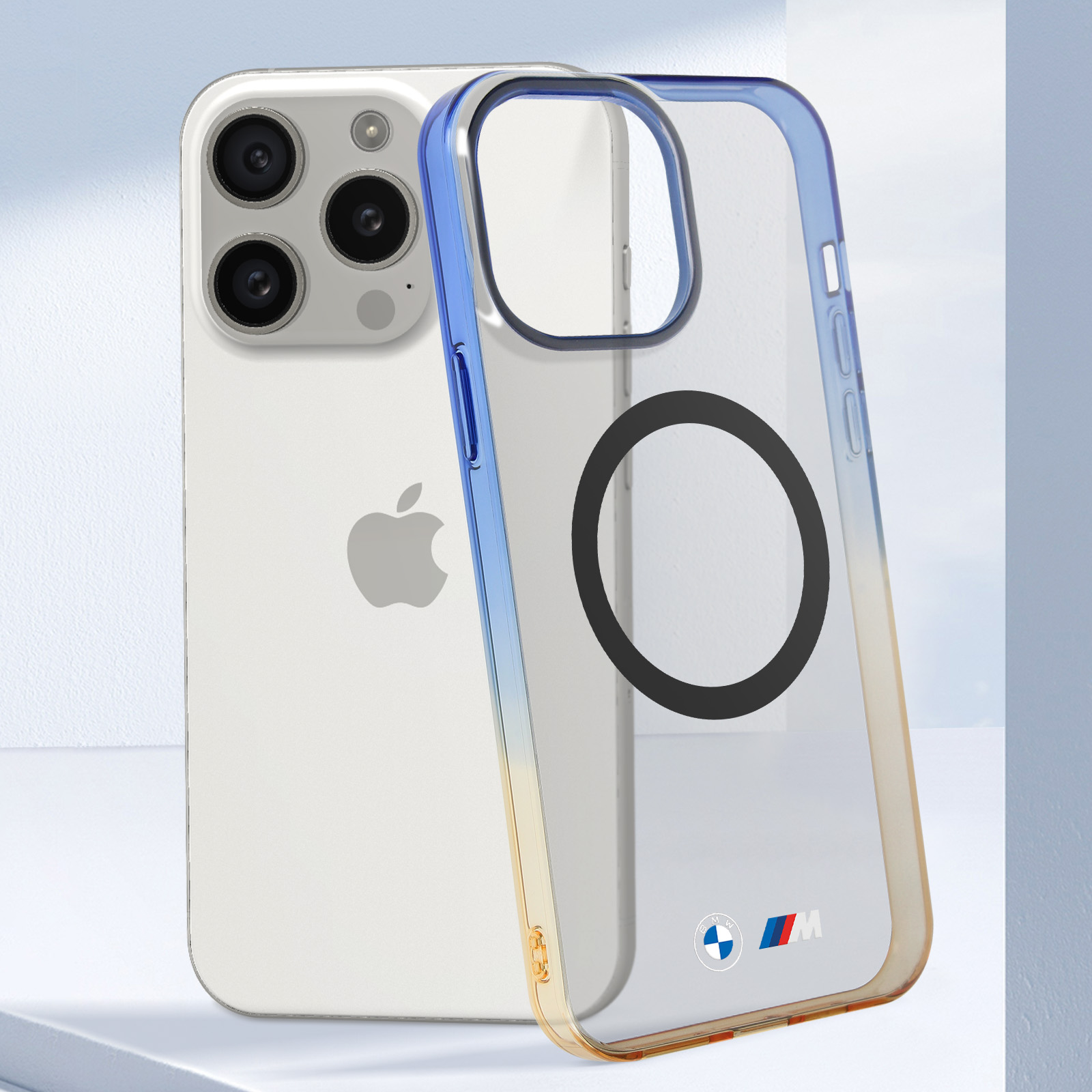 iPhone con custodia, sfumatura blu e gialla, logo BMW.
