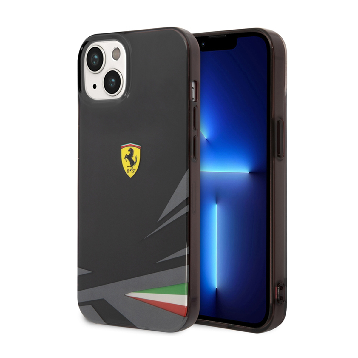 Custodia nera. Logo Ferrari sul retro. Sfondo grigio e rosso.