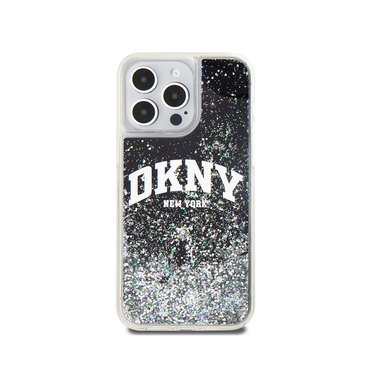 Custodia per telefono DKNY nera e trasparente con glitter e logo DKNY New York.