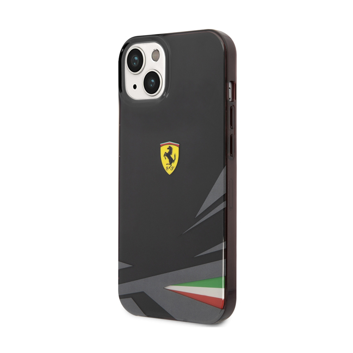 Una custodia nera per telefono con un logo Ferrari. La custodia è su uno sfondo bianco. Ha un design.