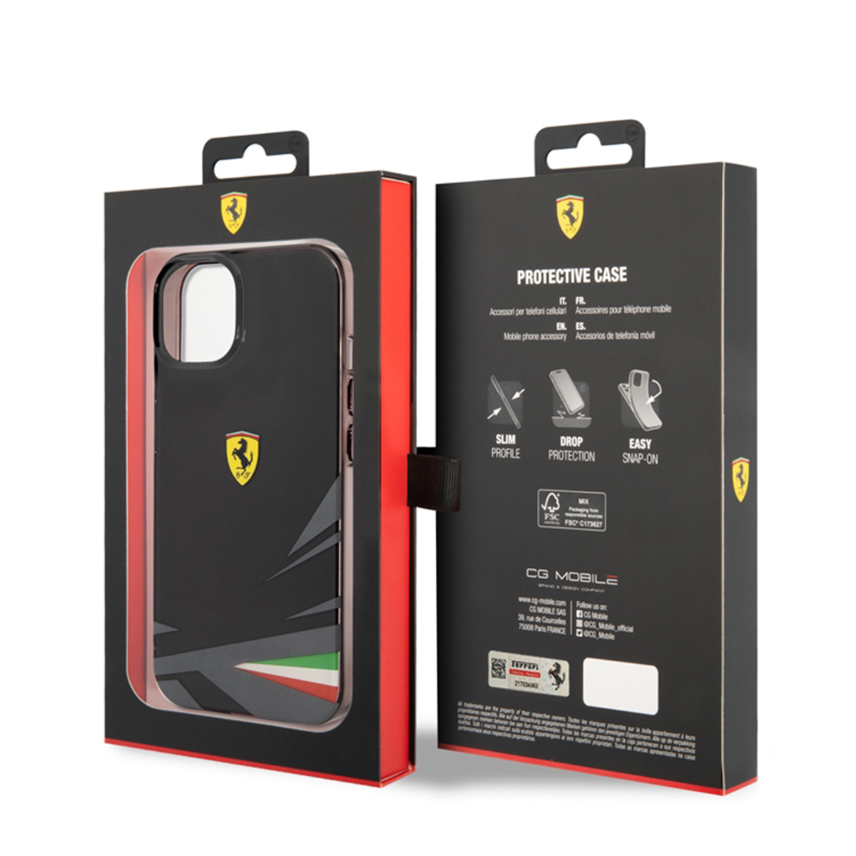 Confezione della custodia del telefono con una custodia nera all'interno e il logo Ferrari.