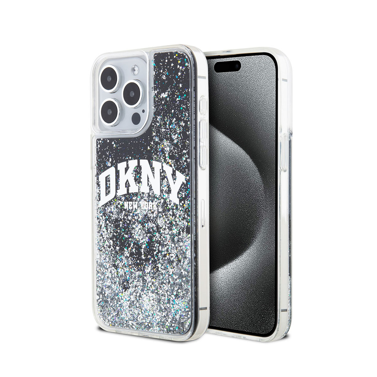Un telefono con una custodia DKNY scintillante. La custodia è trasparente con glitter e il logo DKNY.