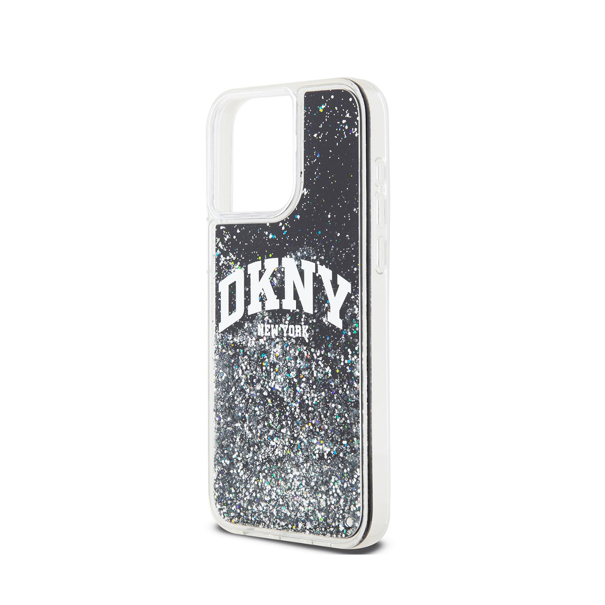 Custodia per telefono con glitter, logo DKNY e testo New York. Sfondo bianco.