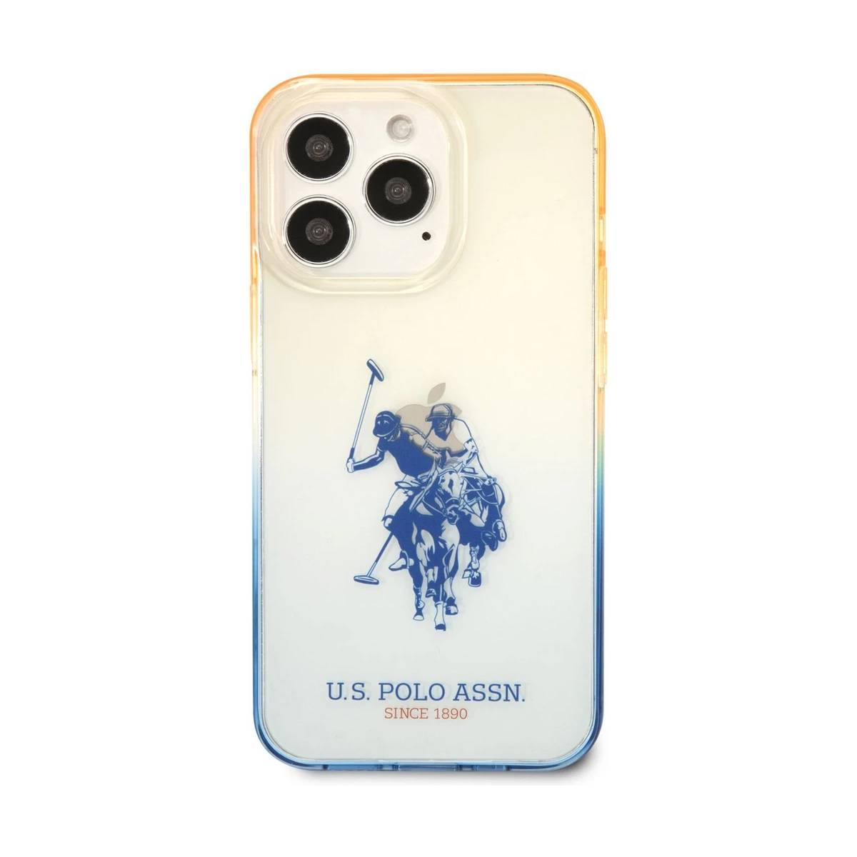 Custodia trasparente con logo U.S. Polo Assn. e illustrazione di giocatori di polo.