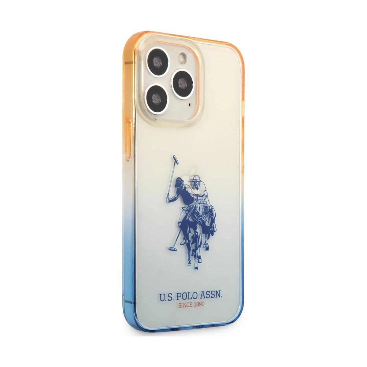 Custodia per telefono con logo U.S. Polo Assn. e giocatore di polo. Gradiente arancione-blu. Sfondo bianco.