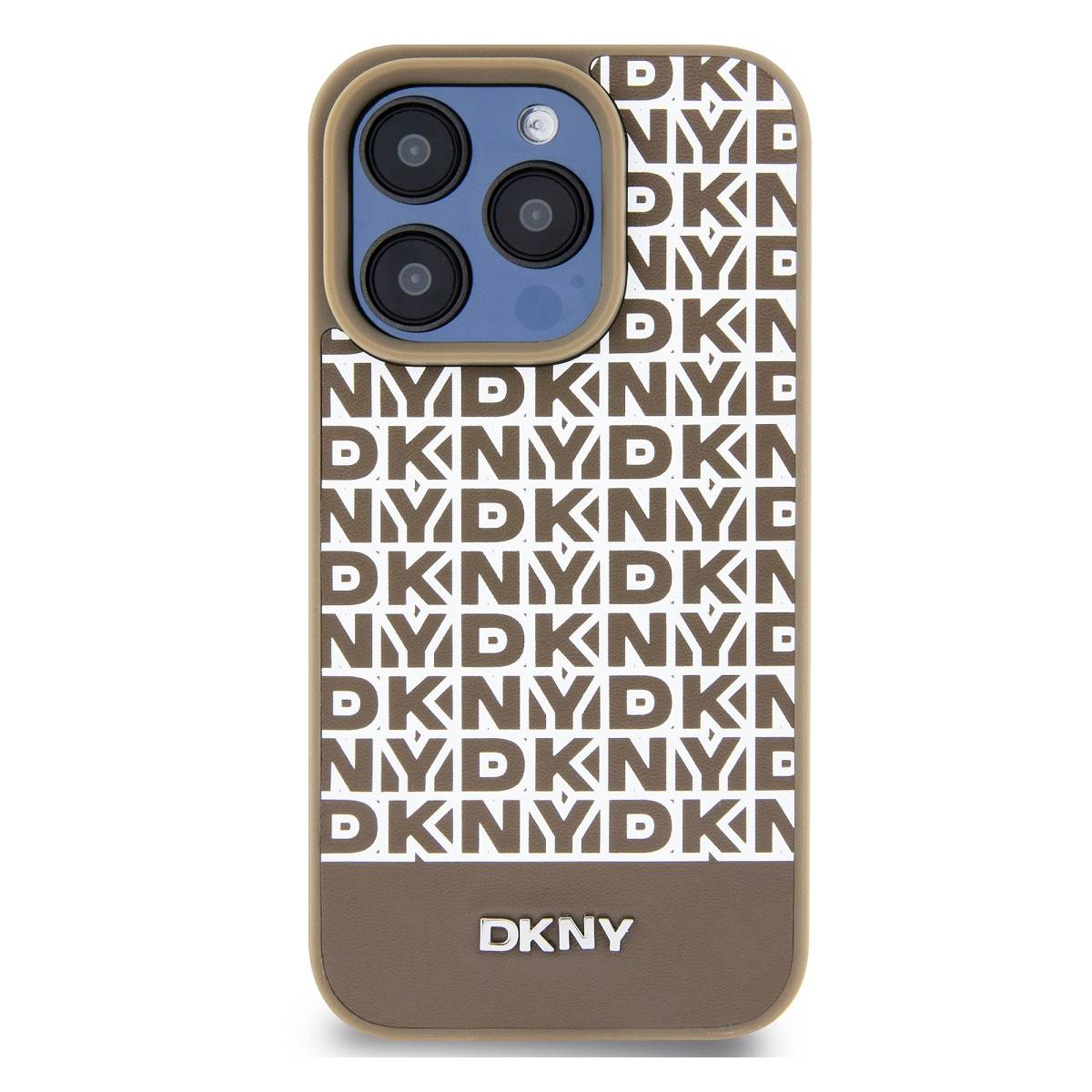 Una custodia per telefono marrone con motivo e logo DKNY. Lo sfondo è bianco.