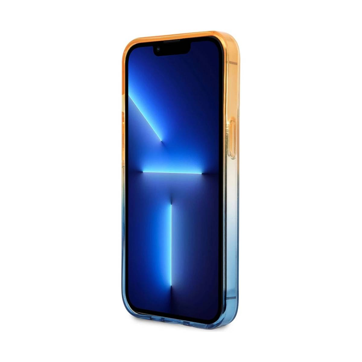 Custodia per telefono con sfumatura di colore. Blu verso arancione. Schermo visibile. Primo piano.