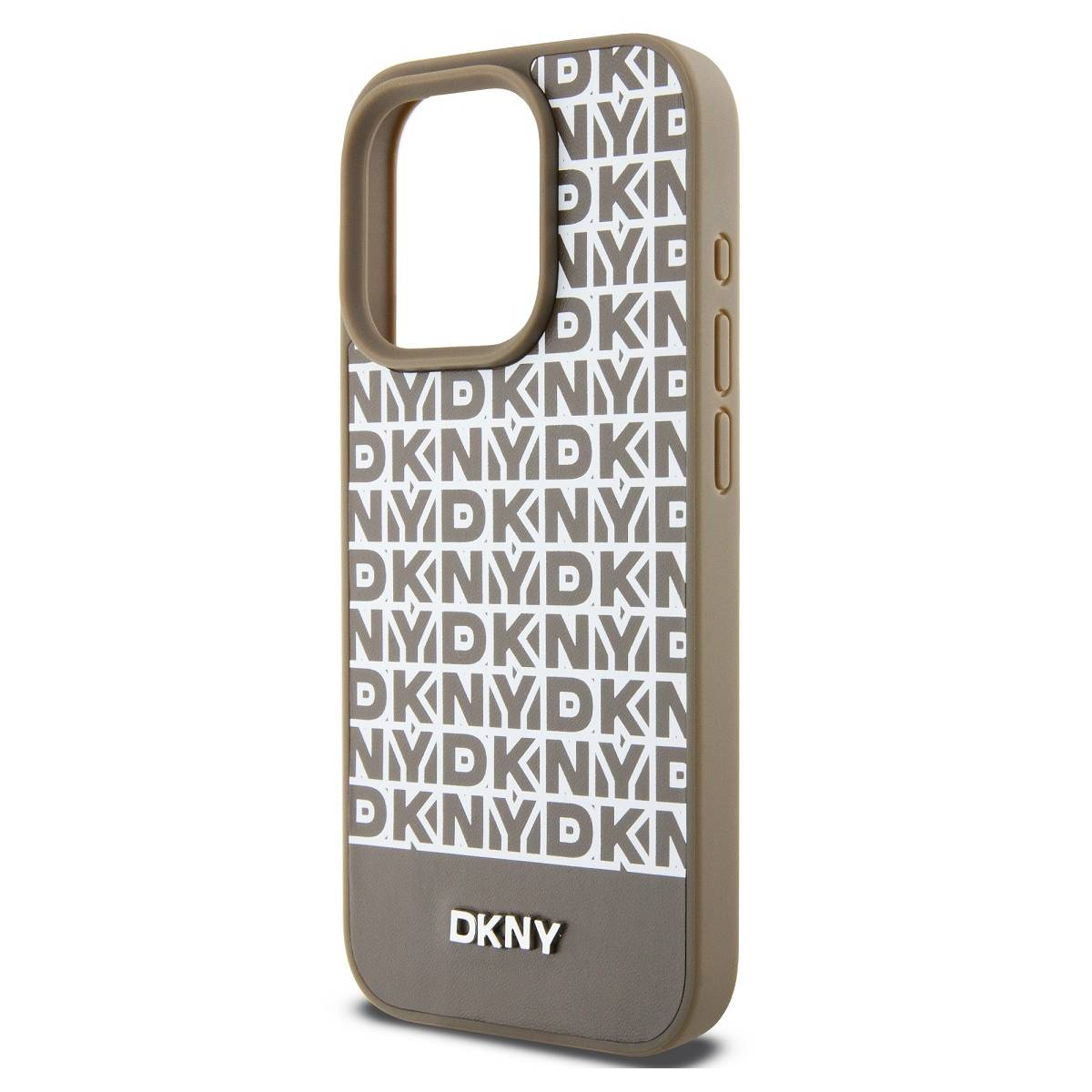 Custodia DKNY verde oliva con stampa logo DKNY bianco. Su sfondo bianco.