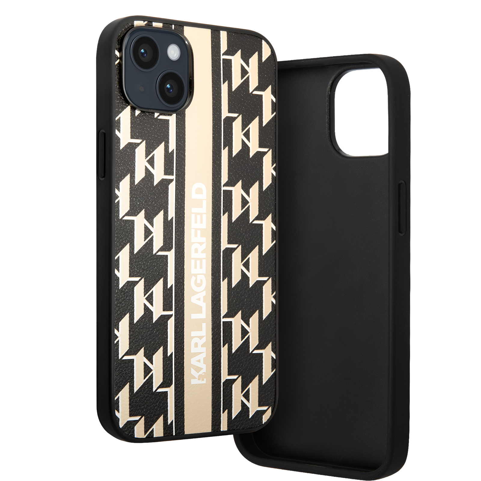 Custodia per telefono con design Karl Lagerfeld in nero e oro. Sfondo bianco.