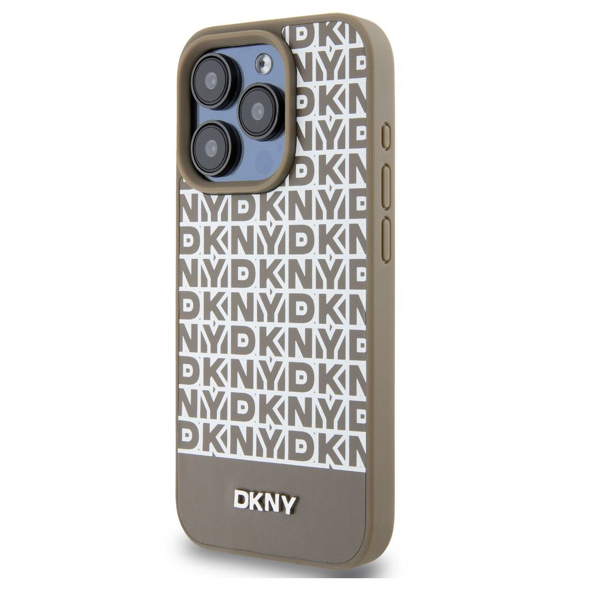 Custodia con testo 'DKNY' ripetuto e tre fotocamere.